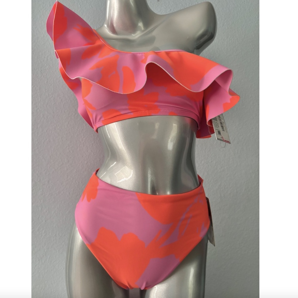 Antonio Melani Nwt Pink Orange Ruffle One Shoulder Top High Waist Bikini Set XS